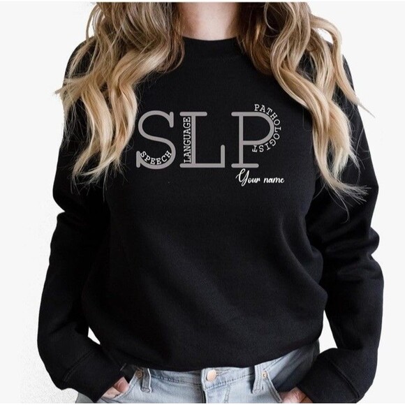 SLP Speech Language Pathologist Fleece Sweatshirt Crewneck Shirt Size L Black - Picture 1 of 16